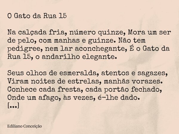 O Gato da Rua 15 Na calçada fria, número quinze, Mora um ser de pelo, com manhas e guinze. Não tem pedigree, nem lar aconchegante, É o Gato da Rua 15, o andaril... Frase de Ediliano Conceição.