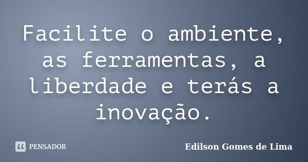 Facilite o ambiente, as ferramentas, a liberdade e terás a inovação.... Frase de Edilson Gomes de Lima.