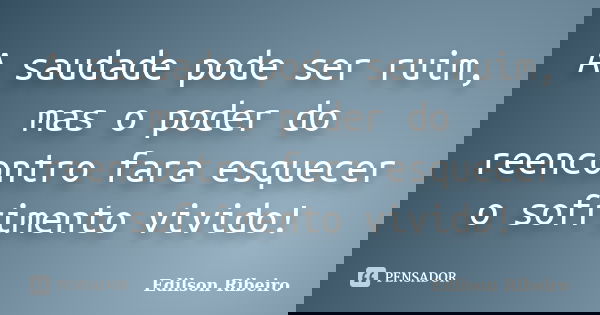 A saudade pode ser ruim, mas o poder do reencontro fara esquecer o sofrimento vivido!... Frase de Edilson Ribeiro.