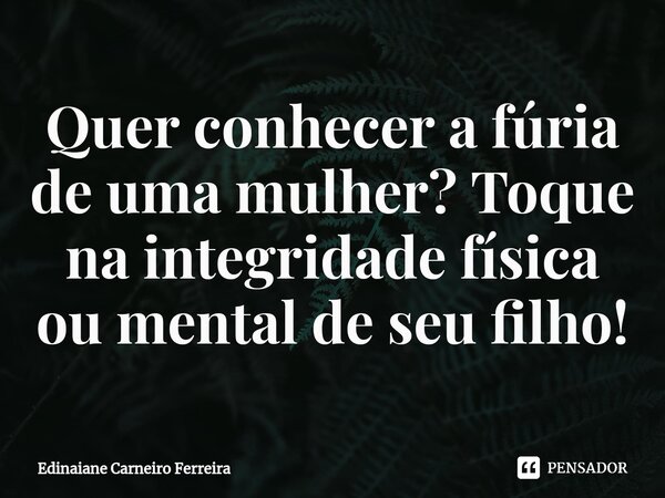 ⁠Quer conhecer a fúria de uma mulher? Toque na integridade física ou mental de seu filho!... Frase de Edinaiane Carneiro Ferreira.