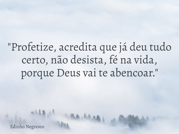 "Profetize, acredita que já deu tudo certo, não desista, fé na vida, porque Deus vai te abencoar."... Frase de Edinho Negresco.