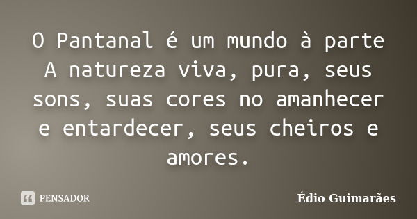 O Pantanal é um mundo à parte A natureza viva, pura, seus sons, suas cores no amanhecer e entardecer, seus cheiros e amores.... Frase de Édio Guimarães.