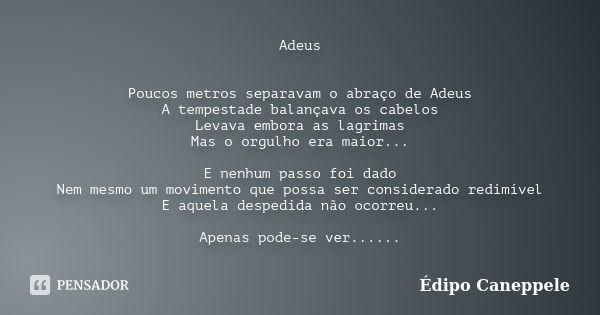 Adeus Poucos metros separavam o abraço de Adeus A tempestade balançava os cabelos Levava embora as lagrimas Mas o orgulho era maior... E nenhum passo foi dado N... Frase de Édipo Caneppele.