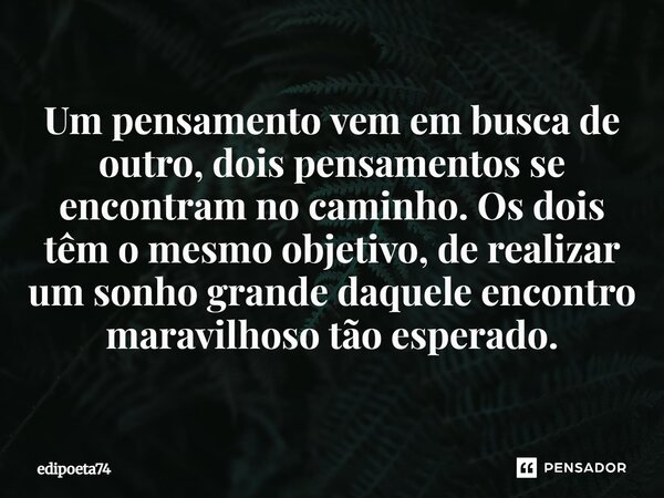 Um pensamento vem em busca de outro, dois pensamentos se encontram no caminho. Os dois têm o mesmo objetivo, de realizar um sonho grande daquele encontro maravi... Frase de edipoeta74.