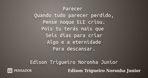 Parecer Quando tudo parecer perdido, Pense noque ELE criou. Pois tu terás mais que Seis dias para criar Algo e a eternidade Para descansar. Edison Trigueiro Nor... Frase de Edison Trigueiro Noronha Junior.