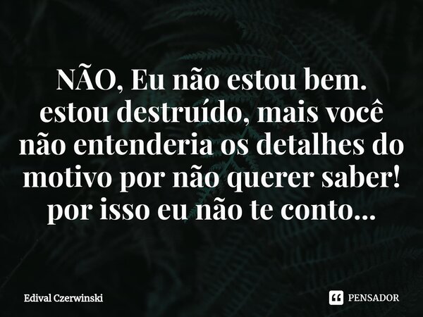 NÃO, Eu não estou bem. estou destruído, mais você não entenderia os detalhes do motivo por não querer saber! por isso eu não te conto...... Frase de Edival Czerwinski.