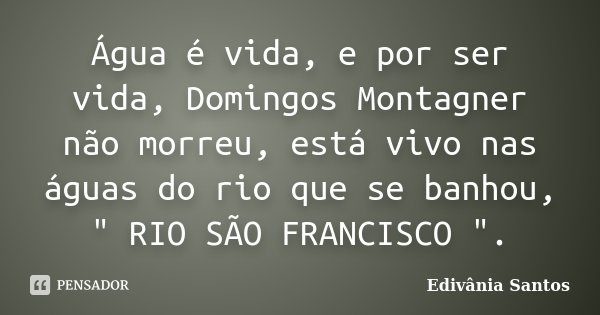 Água é vida, e por ser vida, Domingos Montagner não morreu, está vivo nas águas do rio que se banhou, " RIO SÃO FRANCISCO ".... Frase de Edivânia Santos.