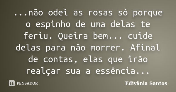 ...não odei as rosas só porque o espinho de uma delas te feriu. Queira bem... cuide delas para não morrer. Afinal de contas, elas que irão realçar sua a essênci... Frase de Edivânia Santos.