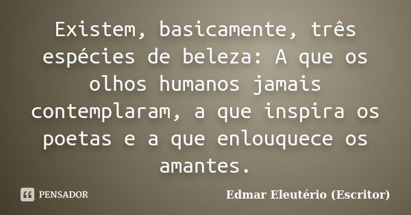 Existem, basicamente, três espécies de beleza: A que os olhos humanos jamais contemplaram, a que inspira os poetas e a que enlouquece os amantes.... Frase de Edmar Eleutério (Escritor).