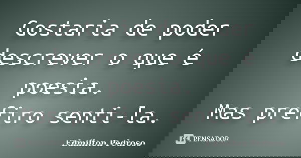 Gostaria de poder descrever o que é poesia. Mas prefiro senti-la.... Frase de Edmilton Pedroso.