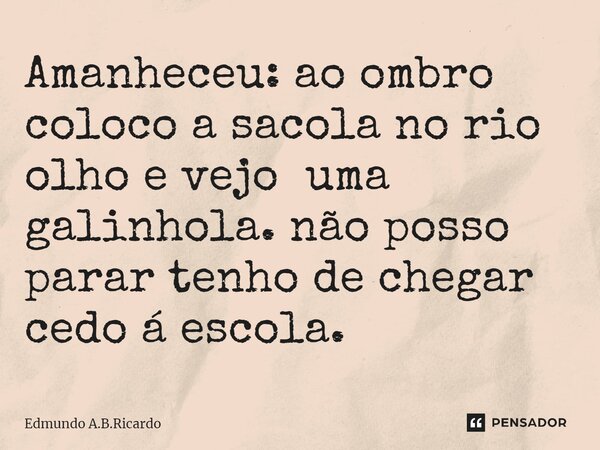 ⁠Amanheceu: ao ombro coloco a sacola no rio olho e vejo uma galinhola. não posso parar tenho de chegar cedo á escola.... Frase de Edmundo A.B.Ricardo.