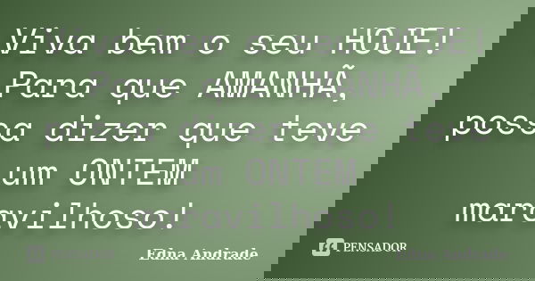 Viva bem o seu HOJE! Para que AMANHÃ, possa dizer que teve um ONTEM maravilhoso!... Frase de Edna Andrade.