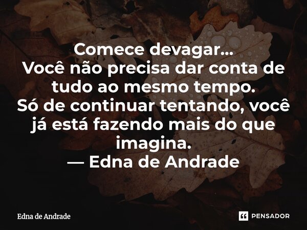 ⁠Comece devagar... Você não precisa dar conta de tudo ao mesmo tempo. Só de continuar tentando, você já está fazendo mais do que imagina. — Edna de Andrade... Frase de Edna de Andrade.