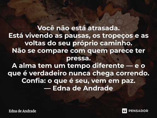 Você não está atrasada. Está vivendo as pausas, os tropeços e as voltas do seu próprio caminho. Não se compare com quem parece ter pressa. A alma tem um tempo ... Frase de Edna de Andrade.