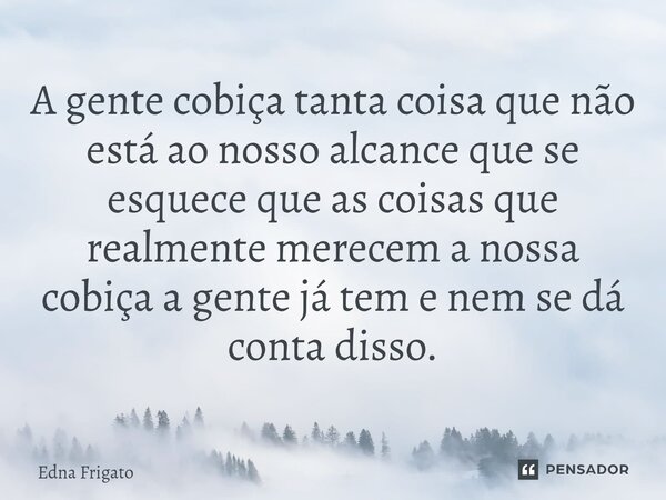 ⁠A gente cobiça tanta coisa que não está ao nosso alcance que se esquece que as coisas que realmente merecem a nossa cobiça a gente já tem e nem se dá conta dis... Frase de Edna Frigato.