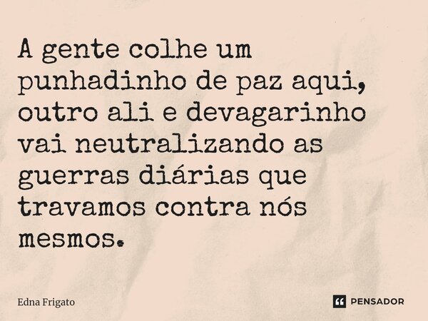 ⁠A gente colhe um punhadinho de paz aqui, outro ali e devagarinho vai neutralizando as guerras diárias que travamos contra nós mesmos.... Frase de Edna Frigato.