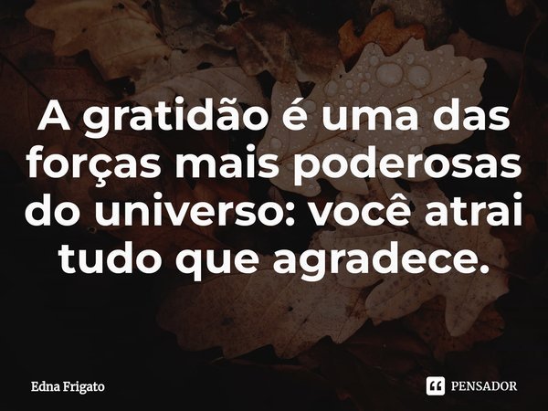 ⁠A gratidão é uma das forças mais poderosas do universo: você atrai tudo que agradece.... Frase de Edna Frigato.