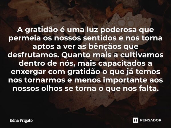 ⁠A gratidão é uma luz poderosa que permeia os nossos sentidos e nos torna aptos a ver as bênçãos que desfrutamos. Quanto mais a cultivamos dentro de nós, mais c... Frase de Edna Frigato.