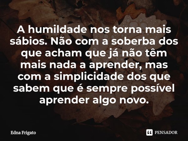 ⁠A humildade nos torna mais sábios. Não com a soberba dos que acham que já não têm mais nada a aprender, mas com a simplicidade dos que sabem que é sempre possí... Frase de Edna Frigato.