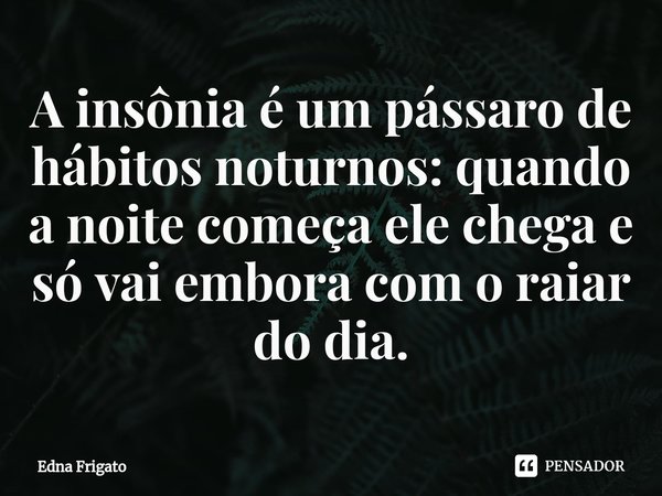 ⁠A insônia é um pássaro de hábitos noturnos: quando a noite começa ele chega e só vai embora com o raiar do dia.... Frase de Edna Frigato.