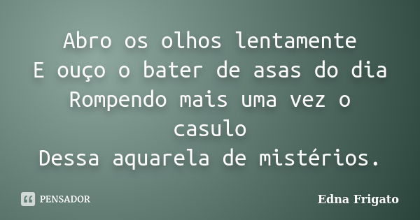 Abro os olhos lentamente E ouço o bater de asas do dia Rompendo mais uma vez o casulo Dessa aquarela de mistérios.... Frase de Edna Frigato.