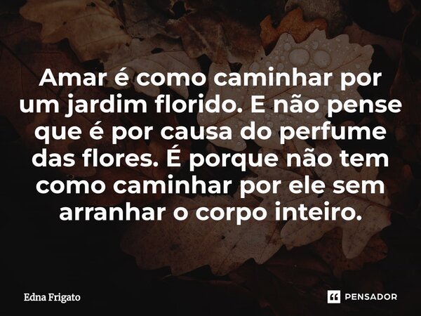 ⁠Amar é como caminhar por um jardim florido. E não pense que é por causa do perfume das flores. É porque não tem como caminhar por ele sem arranhar o corpo inte... Frase de Edna Frigato.