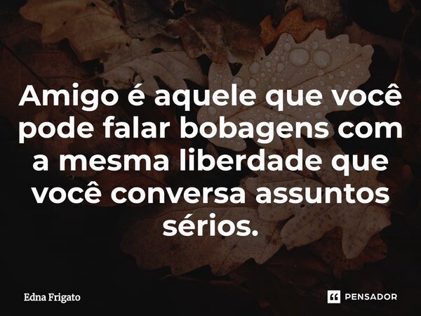 ⁠Amigo é aquele que você pode falar bobagens com a mesma liberdade que você conversa assuntos sérios.... Frase de Edna Frigato.