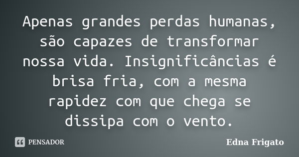 Apenas grandes perdas humanas, são capazes de transformar nossa vida. Insignificâncias é brisa fria, com a mesma rapidez com que chega se dissipa com o vento.... Frase de Edna Frigato.