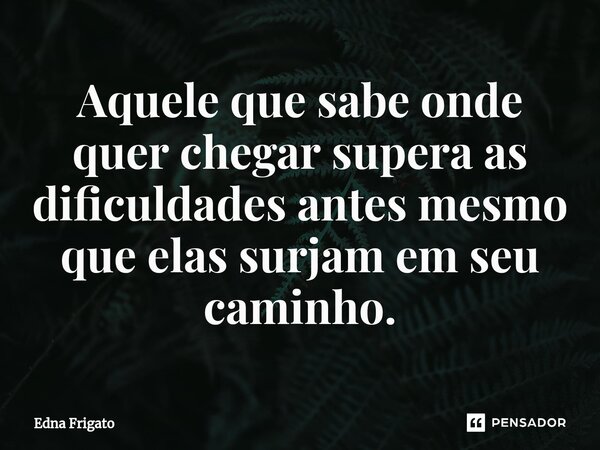 ⁠Aquele que sabe onde quer chegar supera as dificuldades antes mesmo que elas surjam em seu caminho.... Frase de Edna Frigato.