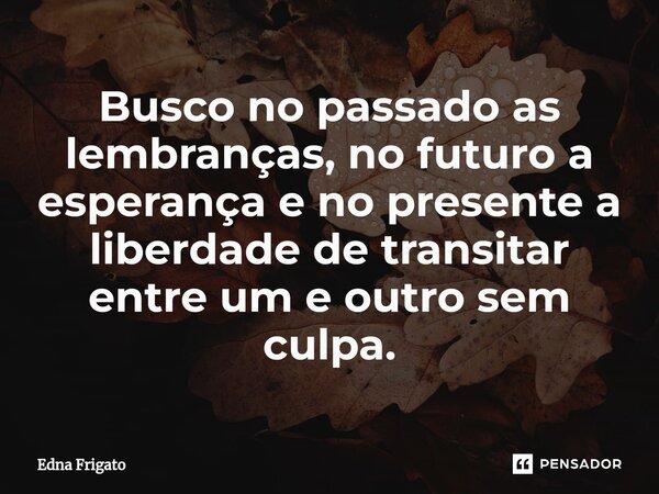 ⁠Busco no passado as lembranças, no futuro a esperança e no presente a liberdade de transitar entre um e outro sem culpa.... Frase de Edna Frigato.