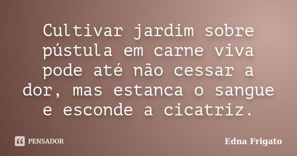 Cultivar jardim sobre pústula em carne viva pode até não cessar a dor, mas estanca o sangue e esconde a cicatriz.... Frase de Edna Frigato.