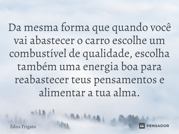 ⁠Da mesma forma que quando você vai abastecer o carro escolhe um combustível de qualidade, escolha também uma energia boa para reabastecer teus pensamentos e al... Frase de Edna Frigato.