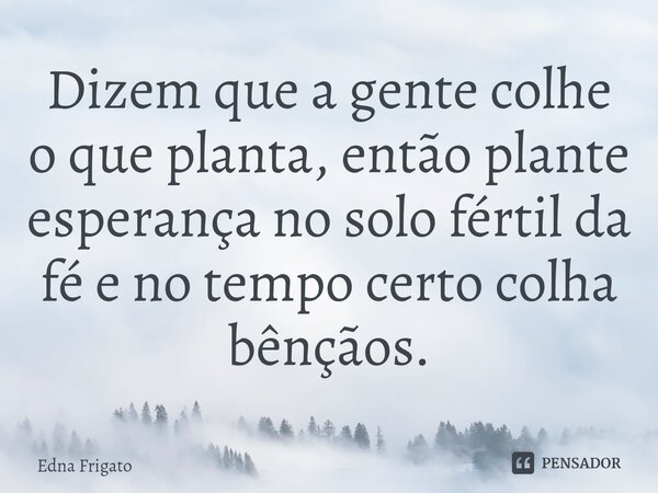 ⁠Dizem que a gente colhe o que planta, então plante esperança no solo fértil da fé e no tempo certo colha bênçãos.... Frase de Edna Frigato.