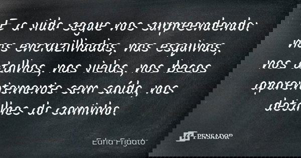E a vida segue nos surpreendendo: nas encruzilhadas, nas esquinas, nos atalhos, nas vielas, nos becos aparentemente sem saída, nos detalhes do caminho.... Frase de Edna Frigato.