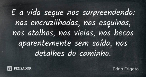 E a vida segue nos surpreendendo: nas encruzilhadas, nas esquinas, nos atalhos, nas vielas, nos becos aparentemente sem saída, nos detalhes do caminho.... Frase de Edna Frigato.