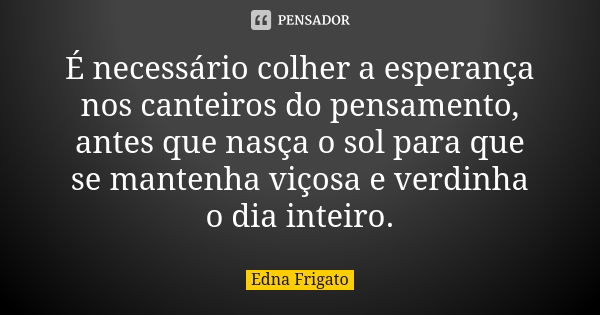 É necessário colher a esperança nos canteiros do pensamento, antes que nasça o sol para que se mantenha viçosa e verdinha o dia inteiro.... Frase de Edna Frigato.