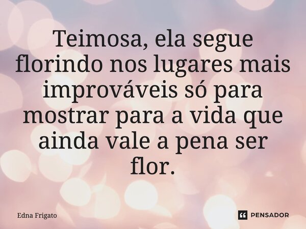 Teimosa, ela segue florindo nos lugares mais improváveis só para mostrar para a vida que ainda vale a pena ser flor.... Frase de Edna Frigato.