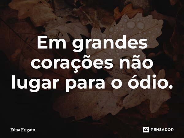 ⁠Em grandes corações não lugar para o ódio.... Frase de Edna Frigato.