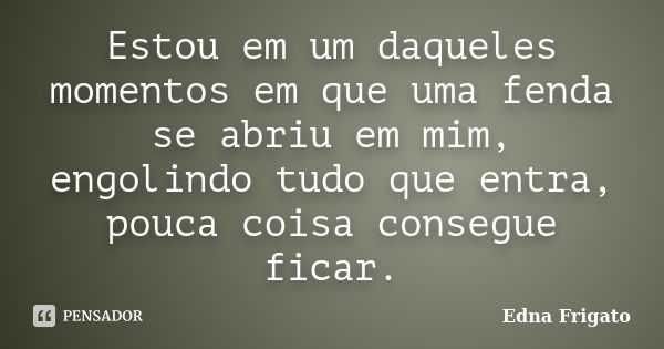 Estou em um daqueles momentos em que uma fenda se abriu em mim, engolindo tudo que entra, pouca coisa consegue ficar.... Frase de Edna Frigato.