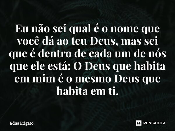 ⁠Eu não sei qual é o nome que você dá ao teu Deus, mas sei que é dentro de cada um de nós que ele está: O Deus que habita em mim é o mesmo Deus que habita em ti... Frase de Edna Frigato.