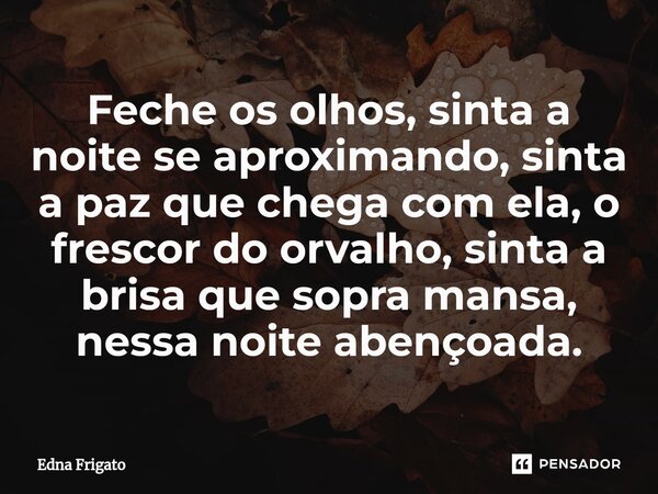 ⁠Feche os olhos, sinta a noite se aproximando, sinta a paz que chega com ela, o frescor do orvalho, sinta a brisa que sopra mansa, nessa noite abençoada.... Frase de Edna Frigato.