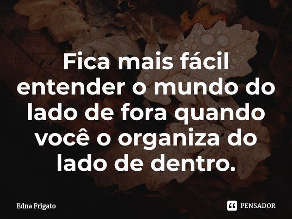 ⁠Fica mais fácil entender o mundo do lado de fora quando você o organiza do lado de dentro.... Frase de Edna Frigato.
