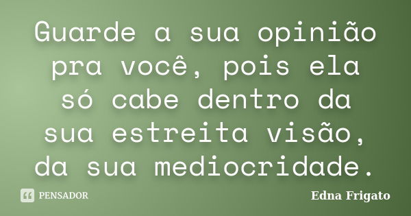 Guarde a sua opinião pra você, pois ela só cabe dentro da sua estreita visão, da sua mediocridade.... Frase de Edna Frigato.