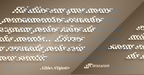 Há dias em que meus pensamentos avoados escapam pelos vãos da minha mente... Livres saem em revoada pelo céu do meu sentir.... Frase de Edna Frigato.