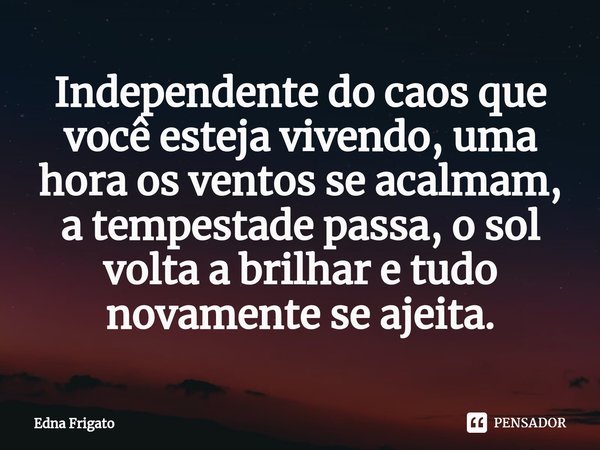 ⁠Independente do caos que você esteja vivendo, uma hora os ventos se acalmam, a tempestade passa, o sol volta a brilhar e tudo novamente se ajeita.... Frase de Edna Frigato.