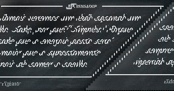 Jamais veremos um leão caçando um coelho. Sabe, por quê? Simples! Porque ele sabe que a energia gasta será sempre maior que a supostamente ingerida depois de co... Frase de Edna Frigato.