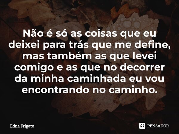 ⁠Não é só as coisas que eu deixei para trás que me define, mas também as que levei comigo e as que no decorrer da minha caminhada eu vou encontrando no caminho.... Frase de Edna Frigato.