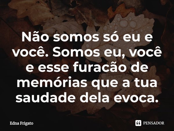 ⁠Não somos só eu e você. Somos eu, você e esse furacão de memórias que a tua saudade dela evoca.... Frase de Edna Frigato.