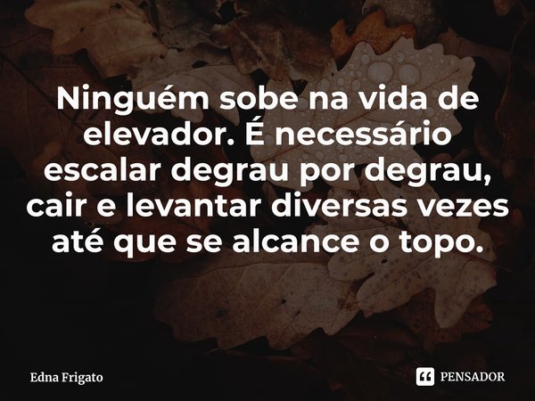 ⁠Ninguém sobe na vida de elevador. É necessário escalar degrau por degrau, cair e levantar diversas vezes até que se alcance o topo.... Frase de Edna Frigato.