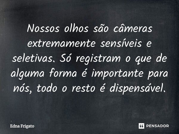 ⁠Nossos olhos são câmeras extremamente sensíveis e seletivas. Só registram o que de alguma forma é importante para nós, todo o resto é dispensável.... Frase de Edna Frigato.